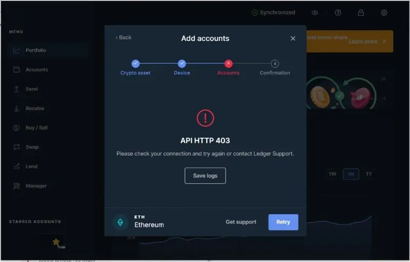 خطای 403 در اتصال کیف پول لجر