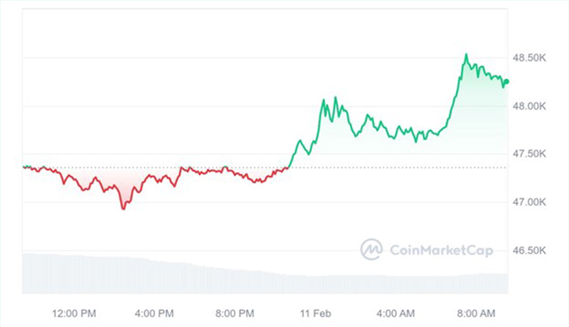 نمودار ۲۴ ساعته قیمت بیت کوین.
