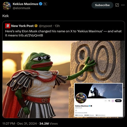 elon-musks-kekius-maximus-x-name-change-sparks-kekius-meme-coins-explosive-surge